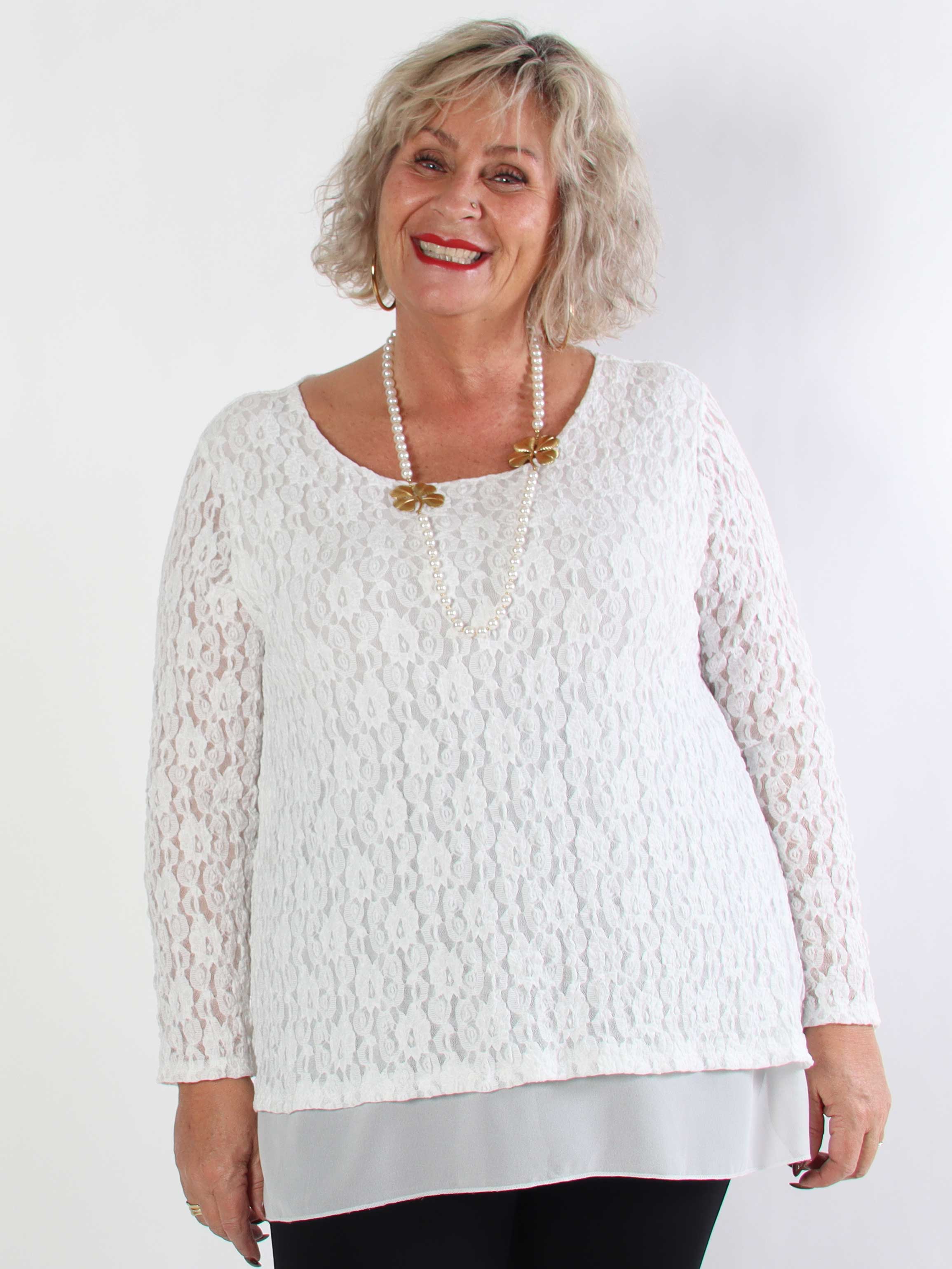 Candidas - Plus size blondetunika med chiffonlag